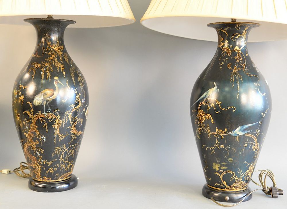 Appraisal: Pair of Victorian black lacquer vases th century enameled and