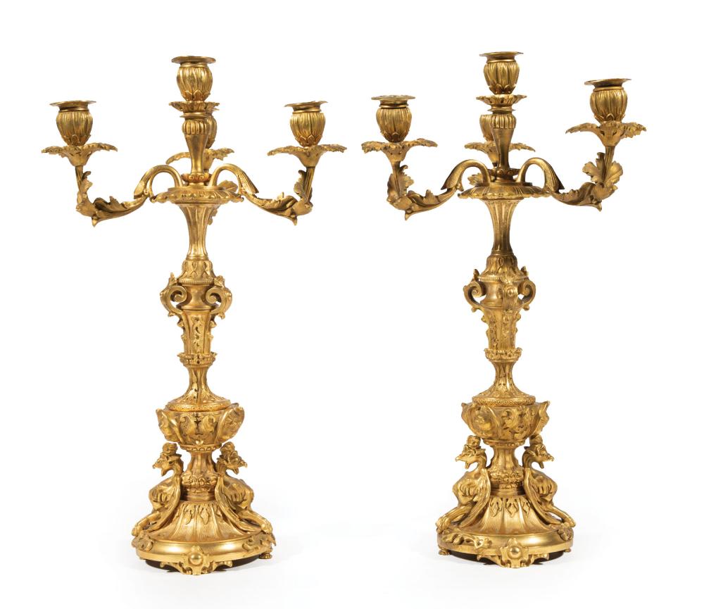 Appraisal: Pair of Renaissance Revival Bronze Five Light Candelabra foliate arms