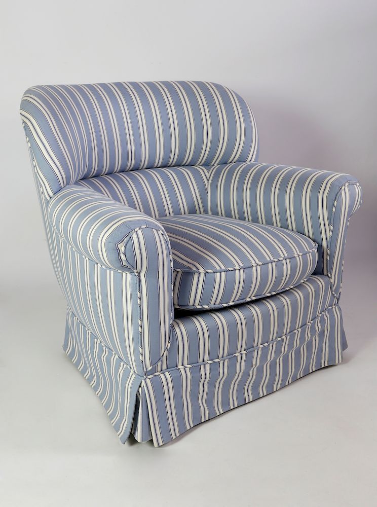 Appraisal: Blue and White Striped Upholstered Skirted Club Chair Exclusive on