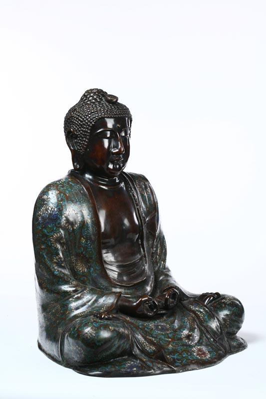 Appraisal: CLOISONNE BUDDHA Asian th century Hollow cast bronze Buddha in