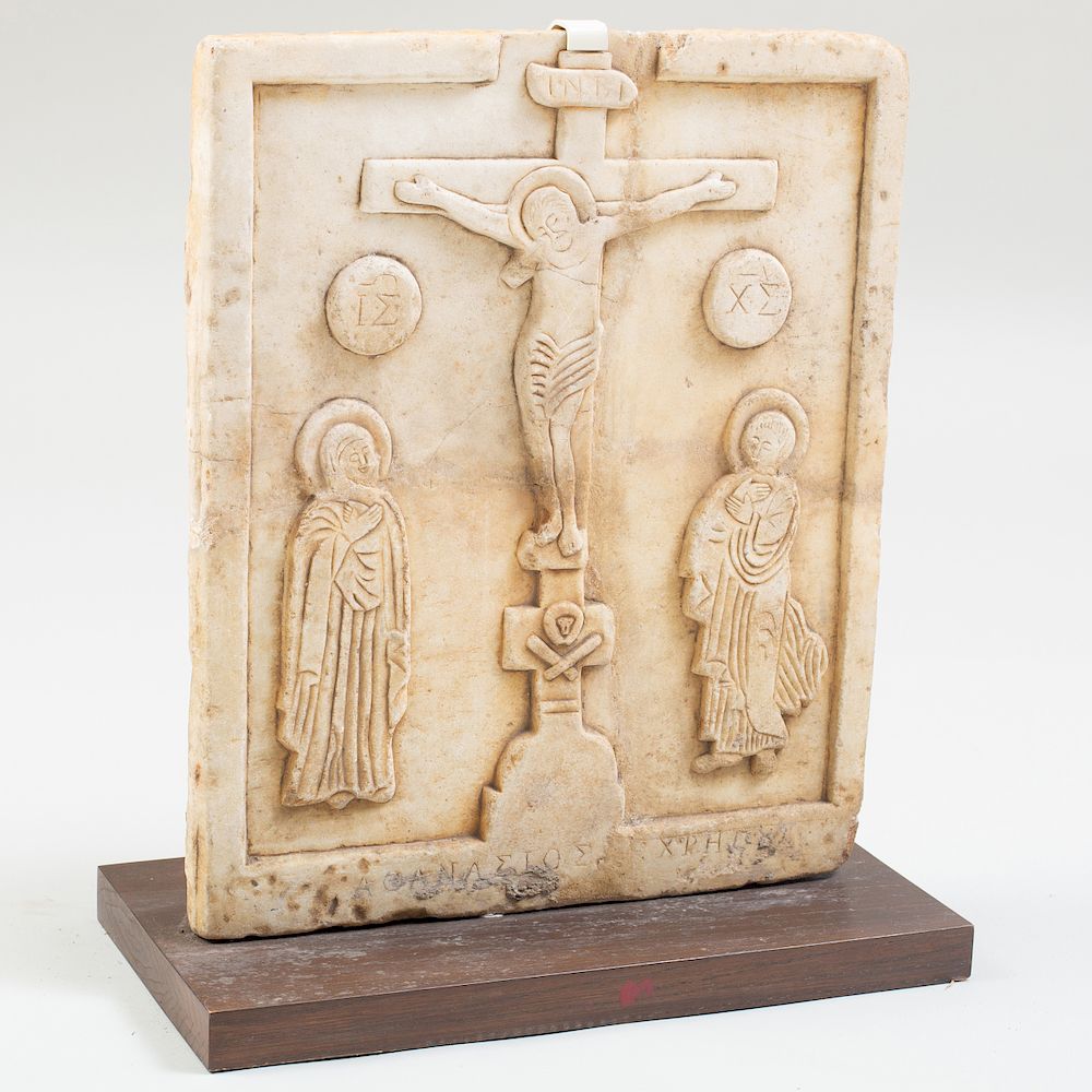 Appraisal: Post Byzantine Carved Marble Panel Depicting Christ on the Cross