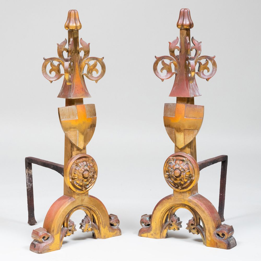 Appraisal: Pair of Large Neo-Gothic Brass Andirons x x in Condition