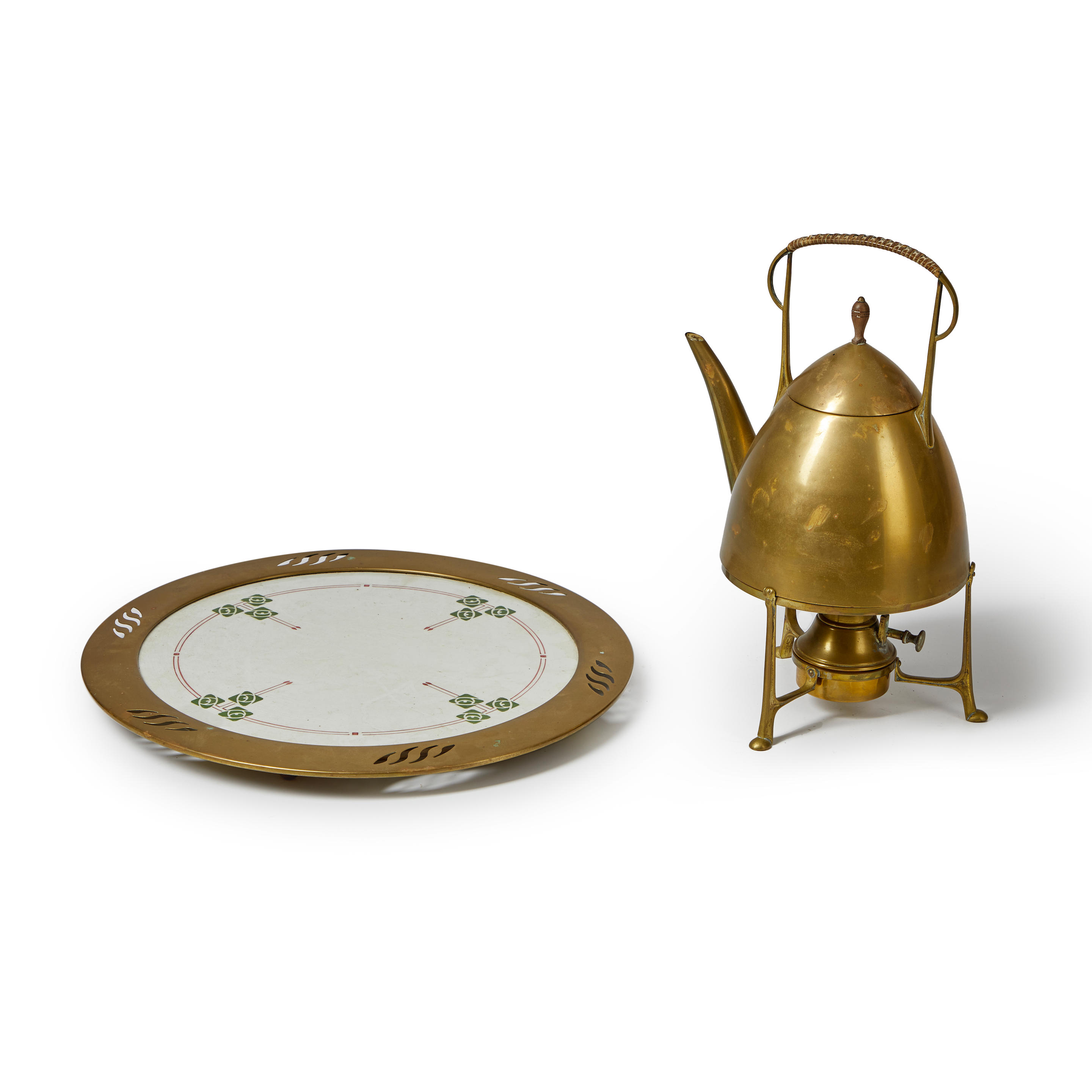 Appraisal: Brass Kettle-on-Stand and Ceramic Tray kettle ht stand ht tray