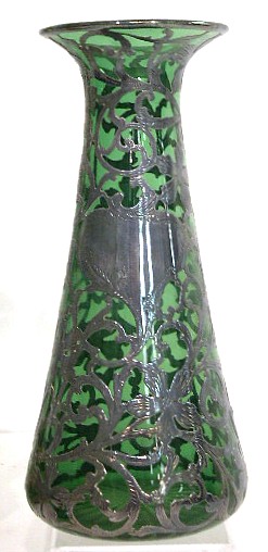 Appraisal: Silver overlay vase c cylindrical green glass body with floral