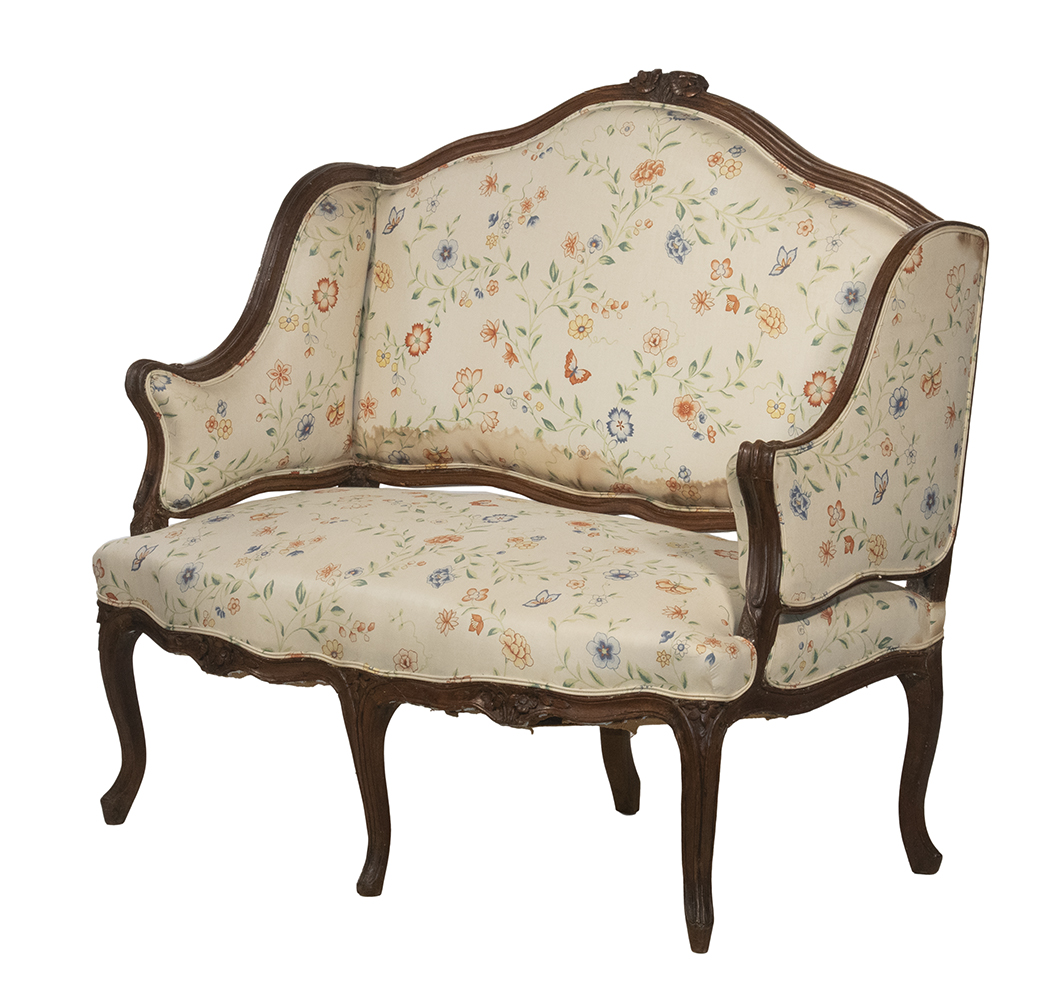 Appraisal: FRENCH FRUITWOOD SETTEE Diminutive Upholstered Settee fruitwood frame with floral