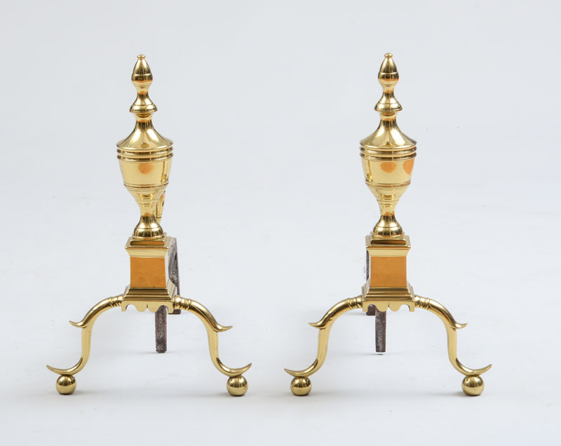 Appraisal: PAIR OF LARGE FEDERAL BRASS URN-TOP ANDIRONS C x x