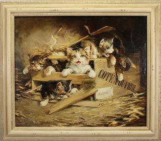 Appraisal: Federico Olaria France - Painting of kittens in a crate