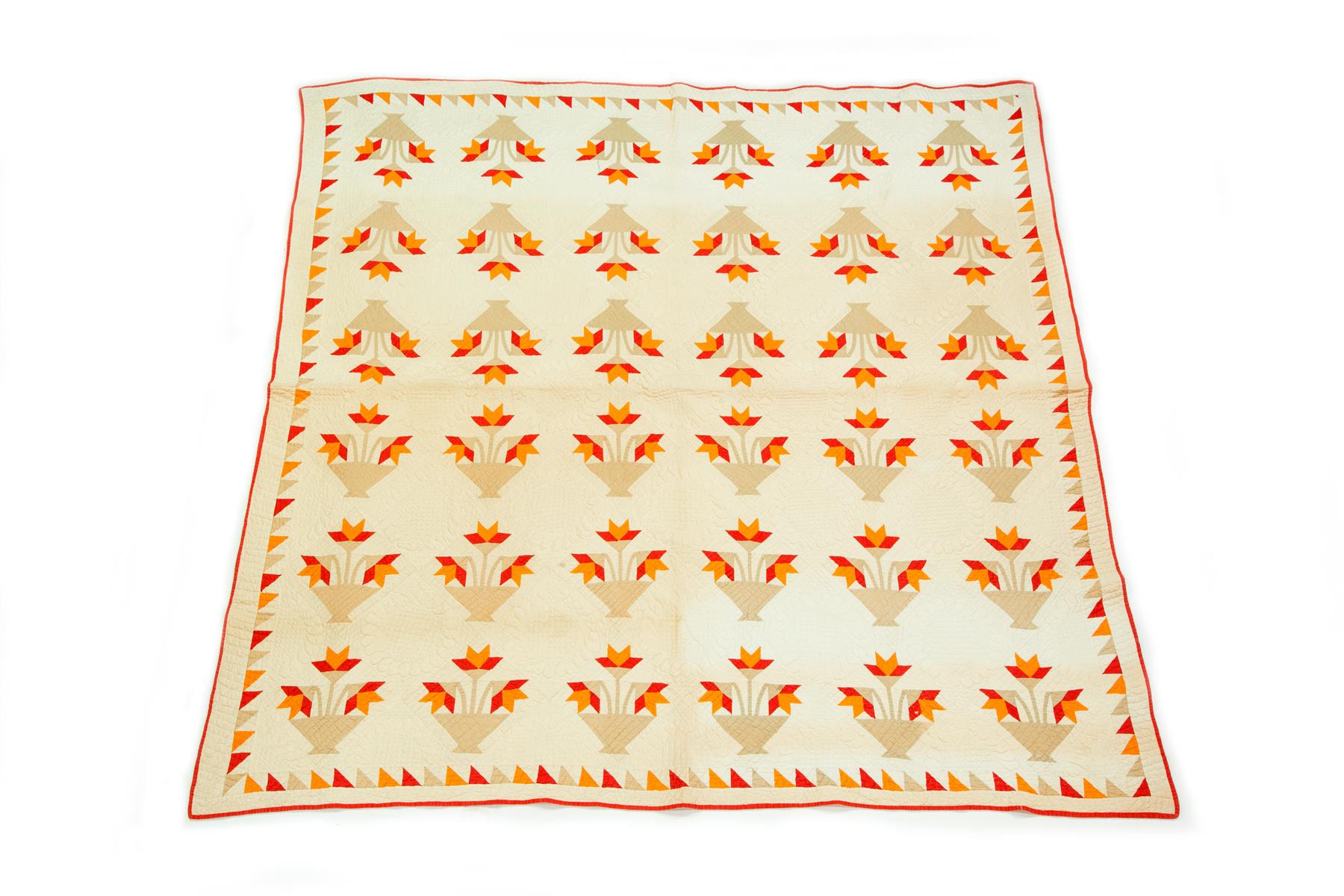 Appraisal: HAND STITCHED TRAPUNTO QUILT American ca Cotton with solid colors