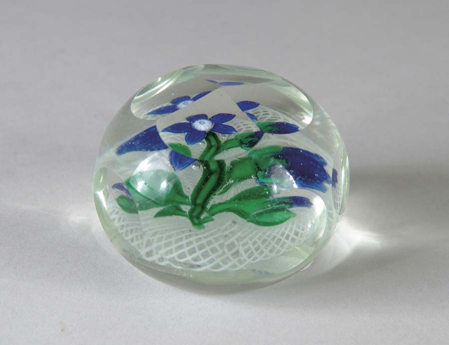 Appraisal: CHINESE FLORAL PAPERWEIGHT Blue clematis blossom with bud green leaves