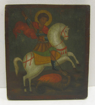 Appraisal: RUSSIAN ICON OF ST GEORGE AND DRAGON Polychrome painted gesso