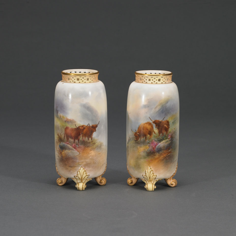 Appraisal: Pair of Royal Worcester Highland Cattle Vases Harry Stinton printed