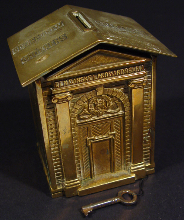 Appraisal: Danish brass novelty money bank cast with moulded script and