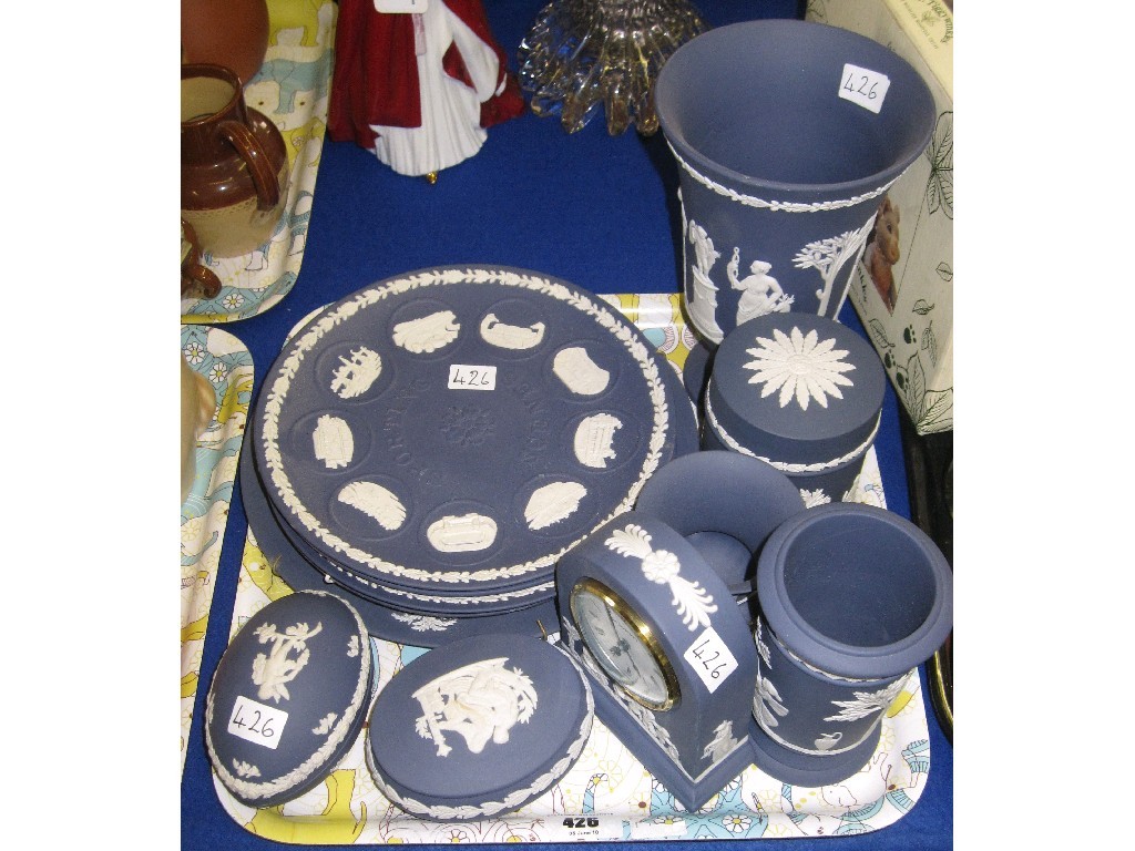 Appraisal: Tray lot comprising assorted Wedgwood Jasperware - clock vases dishes