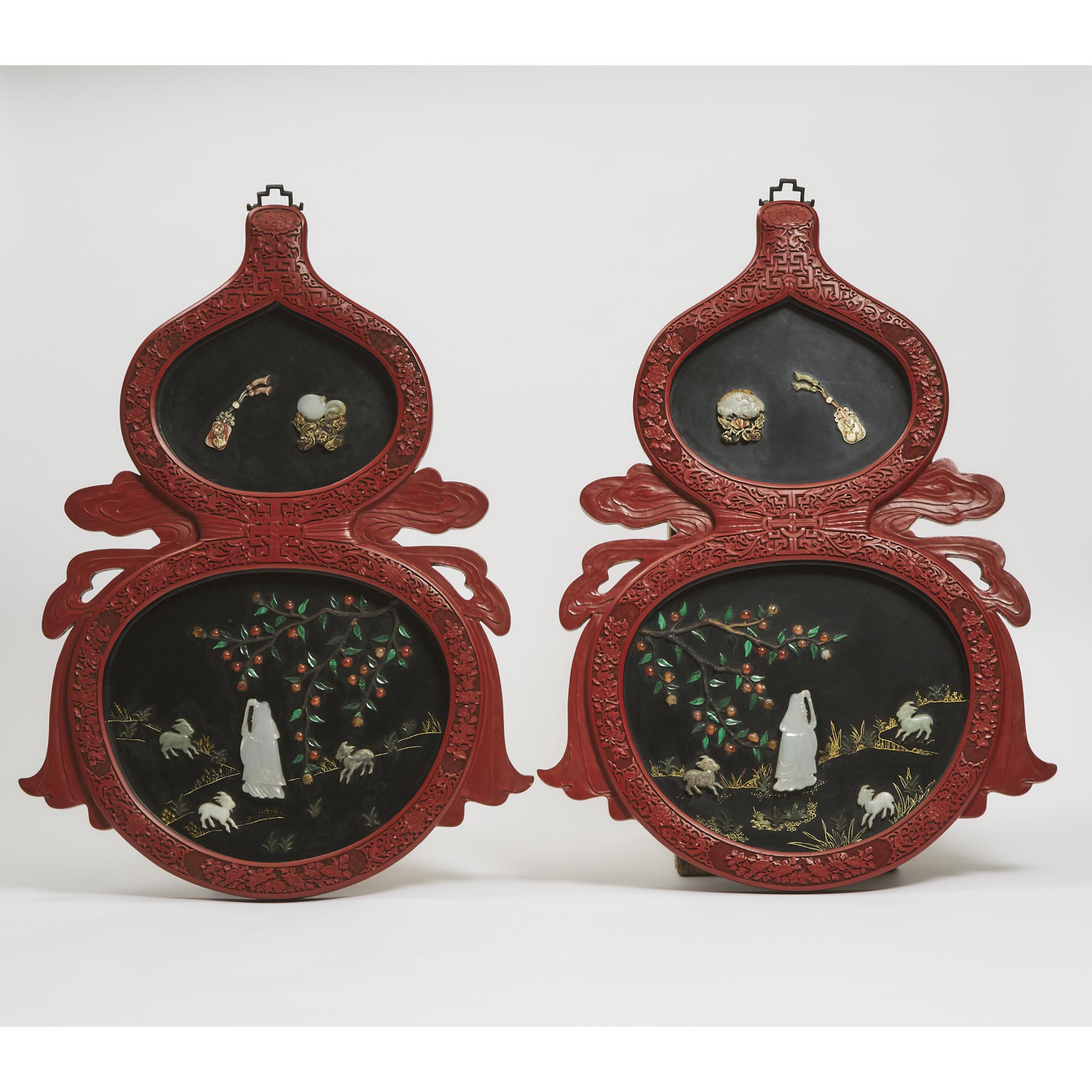 Appraisal: A Pair of Red Lacquer Panels Inlaid With Jade and