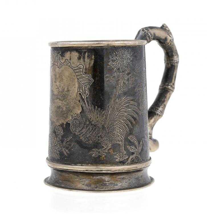 Appraisal: A CHINESE SILVER CHRISTENING MUG tapered cylindrical with bamboo shaped