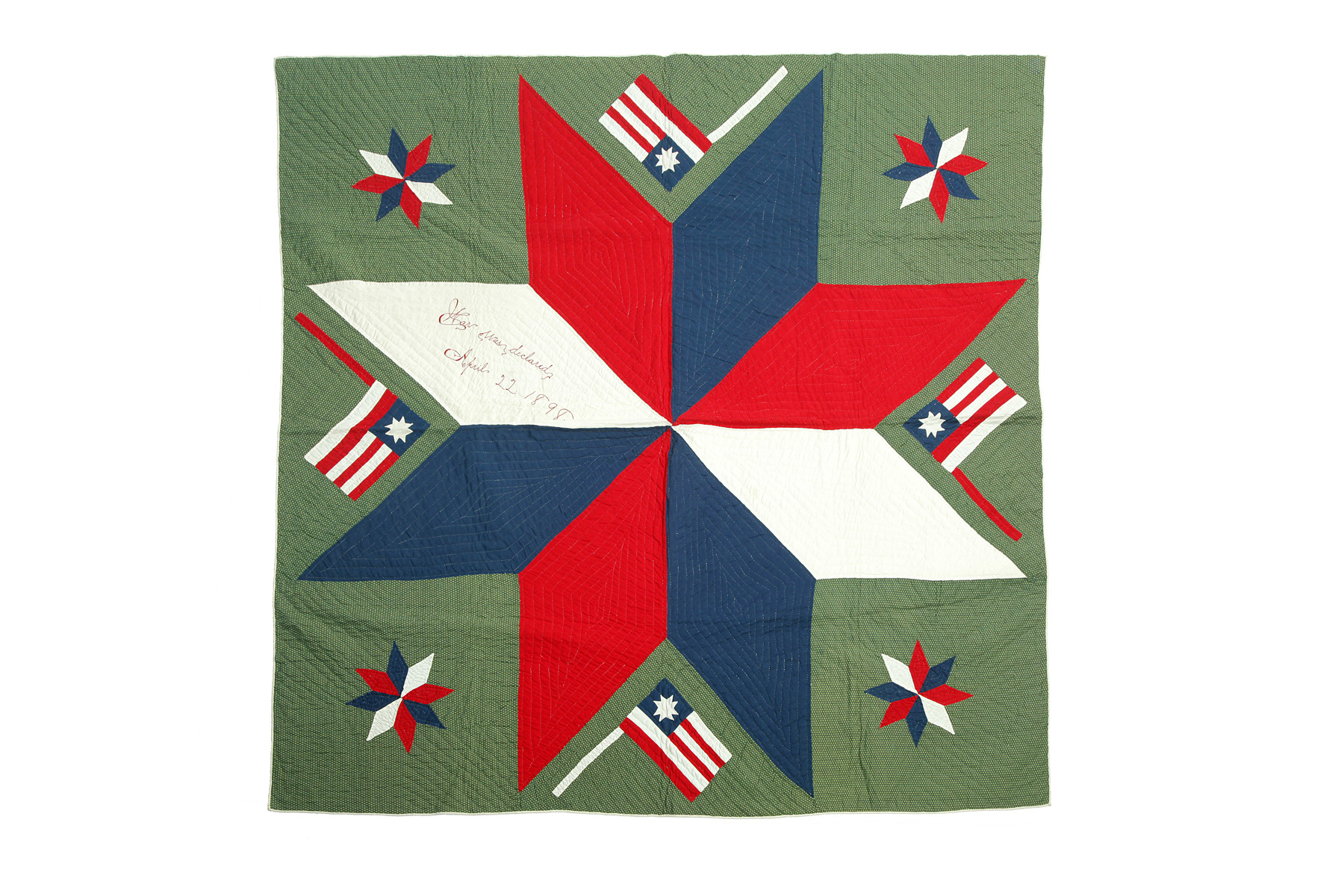 Appraisal: SPANISH-AMERICAN WAR QUILT Possibly Midwestern cotton Boldly embroidered War was