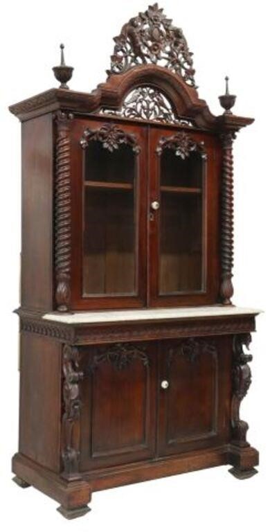 Appraisal: British Colonial rosewood bookcase cabinet th c pierced floral crest