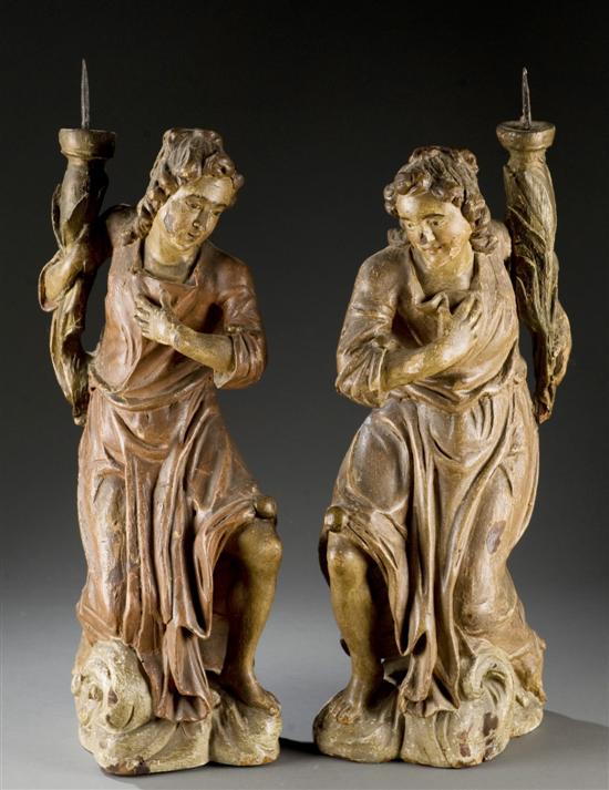 Appraisal: Pair of Continental painted carved wood Angel candleholders th century