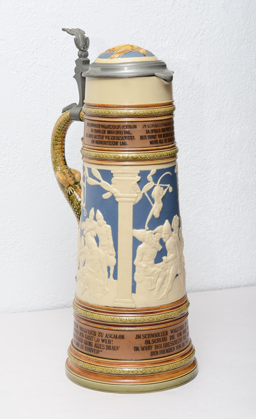 Appraisal: ALLIGATOR HANDLE METTLACH STEIN Liter stein hinged lid with turtle