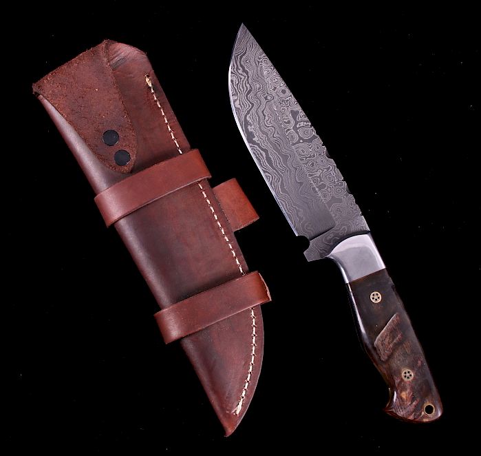 Appraisal: CFK Damascus Rocky Mountain Ram Inlaid Knife This is a