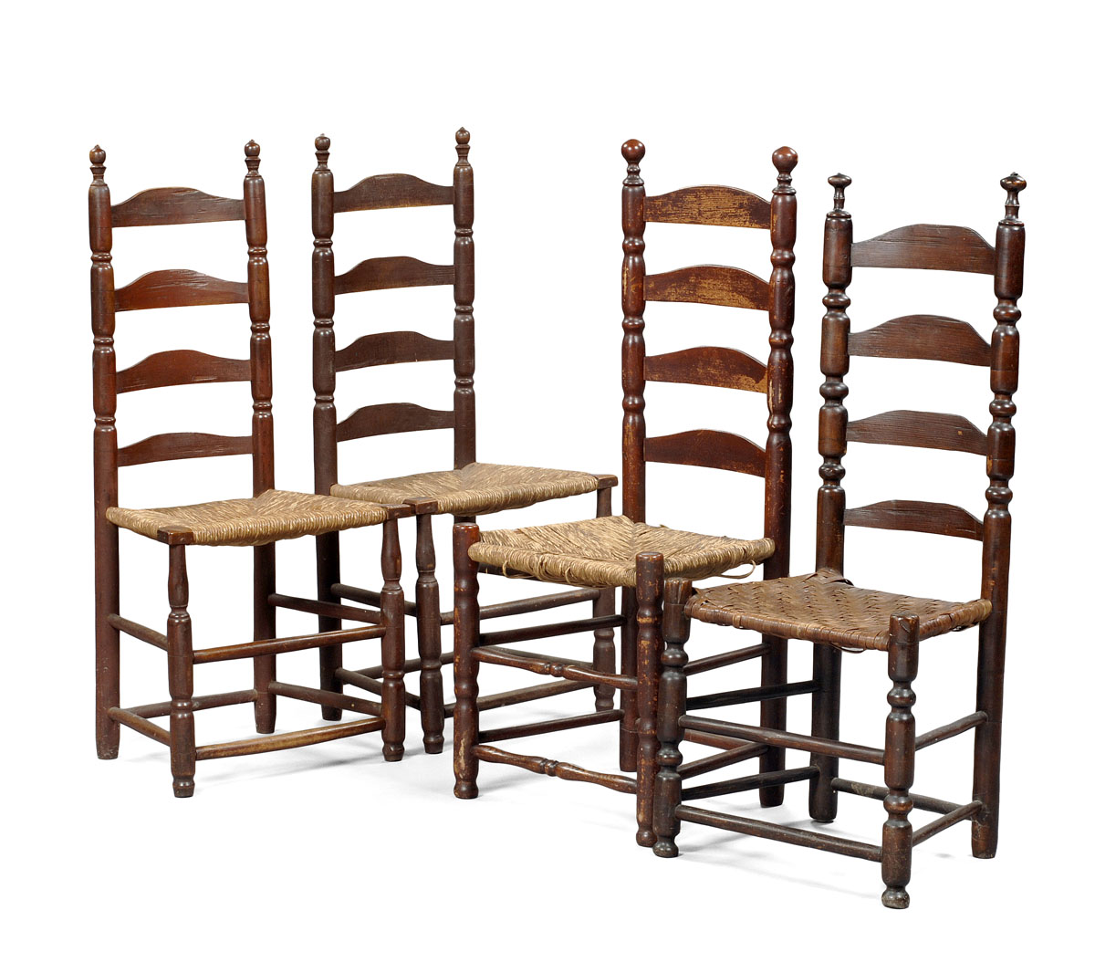 Appraisal: FOUR NEW ENGLAND FOUR-SLAT SAUSAGE-TURNED LADDER BACK SIDE CHAIRS WITH