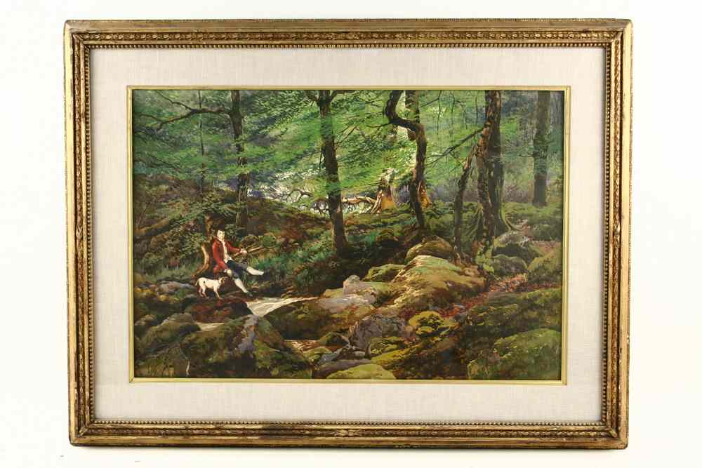 Appraisal: WATERCOLOR GOUACHE - Man with Dog Seated Next to Woodland