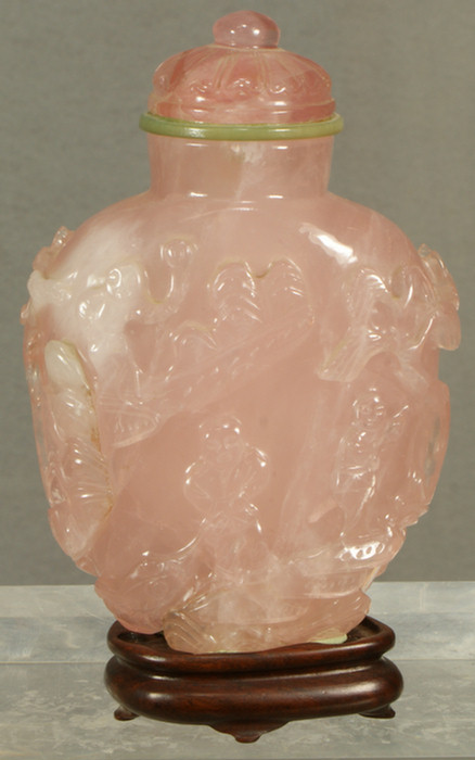 Appraisal: Large carved rose quartz table Chinese snuff bottle approximately high