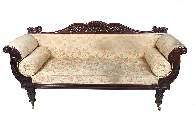 Appraisal: A TH CENTURY MAHOGANY FRAMED SCROLL ARMED UPHOLSTERED SETTEE with