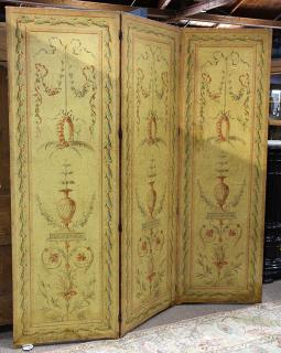 Appraisal: Louis XVI style three panel leather covered and paint decorated