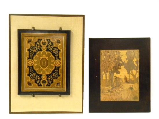 Appraisal: Two inlaid marquetry panels framed panel with elaborate vegetal floral