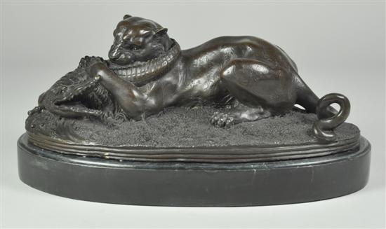 Appraisal: Bronze of Leopard with Crocodile No apparent signature On oval