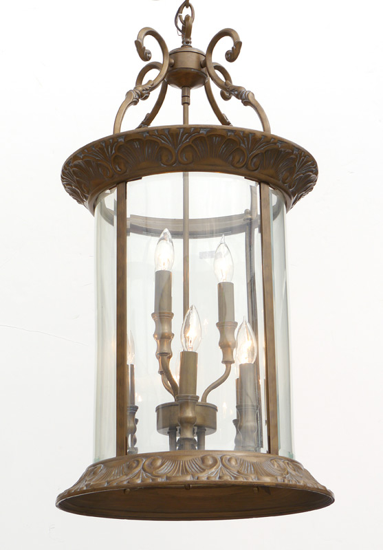 Appraisal: EMBOSSED ROUND BRASS LIGHT CHANDELIER Embossed top and bottom rim