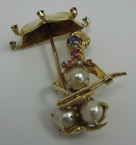 Appraisal: PEARL SAPPHIRE RUBY AND K GOLD BROOCH - in length