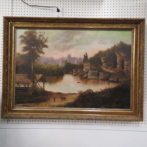 Appraisal: th Century Oil European landscape with figures boaters lady on