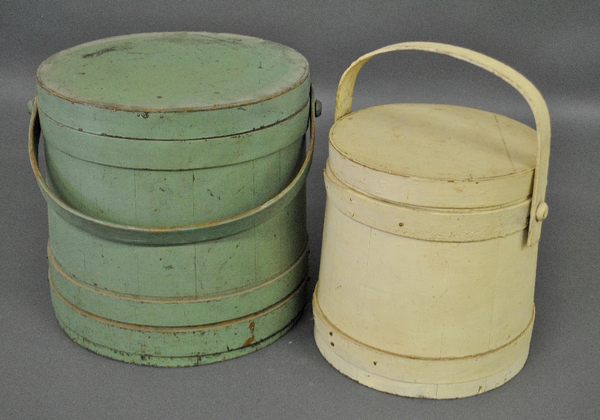 Appraisal: - Two th c firkins with original paint decoration largest