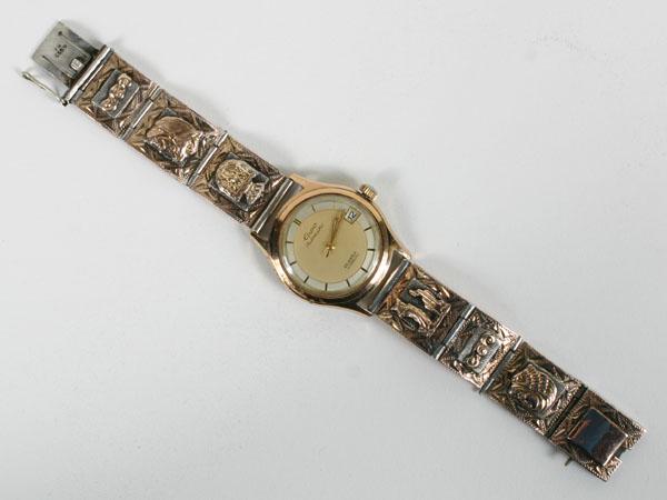 Appraisal: Mexican sterling silver watch band marked with gold overlay embossed