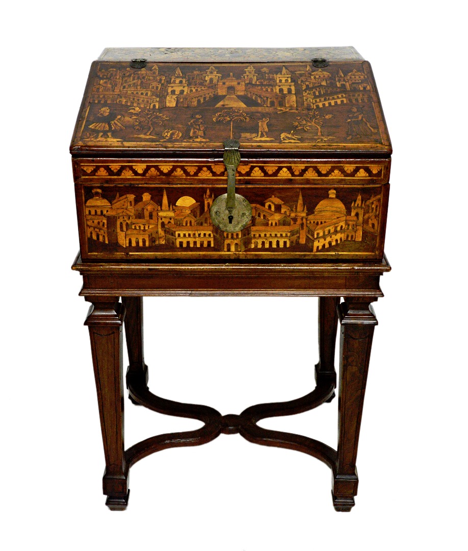 Appraisal: A th century and earlier Alpine marquetry inlaid walnut and