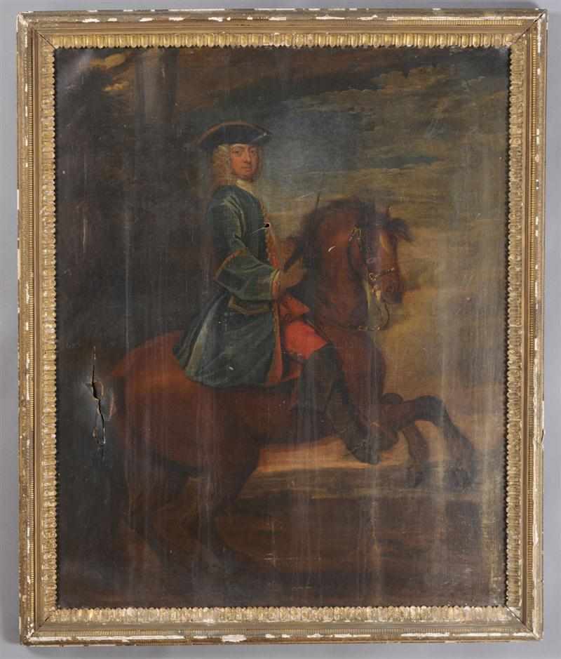 Appraisal: ENGLISH SCHOOL GENTLEMAN ON HORSEBACK Oil on canvas unsigned x