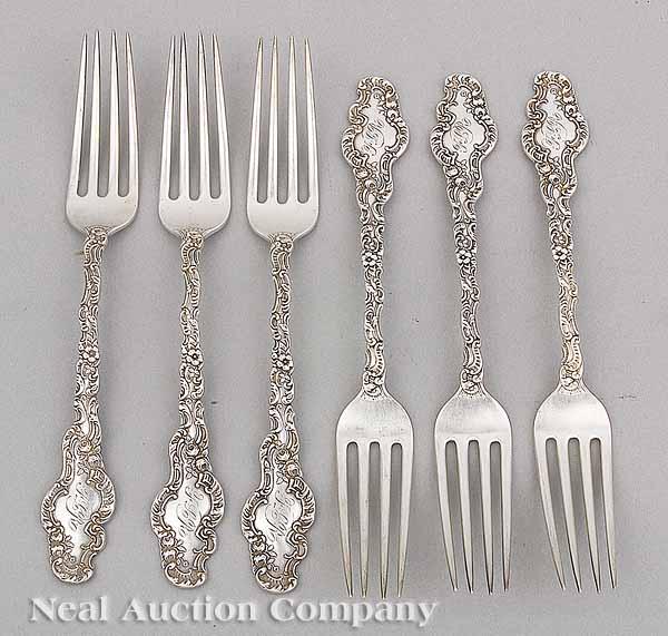 Appraisal: Six Durgin Watteau Pattern Sterling Silver Dinner Forks ret M