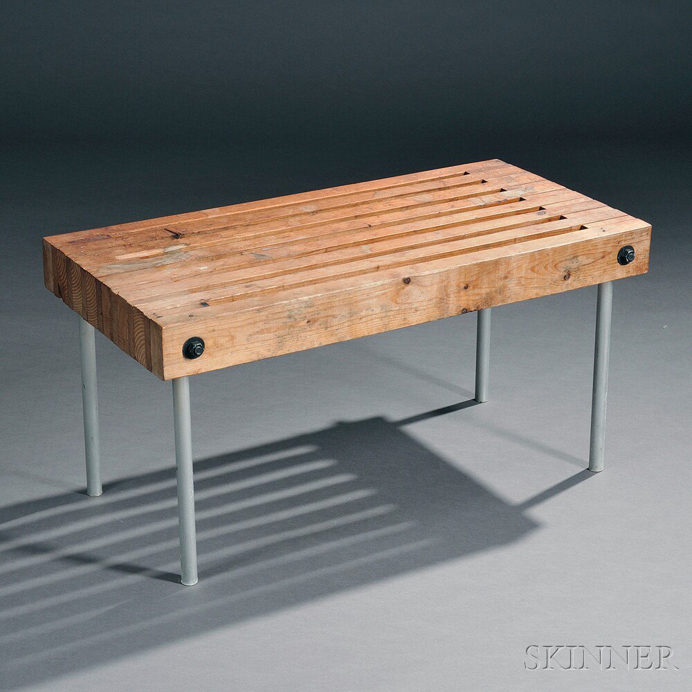 Appraisal: Slat-top Bench Wood metal Denmark s Rectangular top raised on