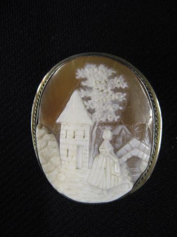 Appraisal: Cameo Brooch carved shell landscape with lady home circa x