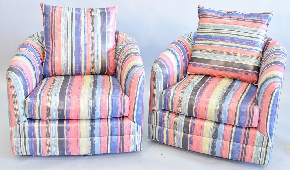 Appraisal: Pair of contemporary armchairs upholstered in cotton fabric with stripe