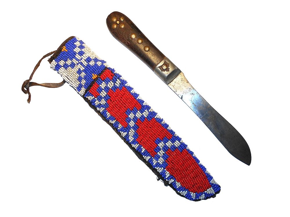 Appraisal: Arapaho Beaded Sheath Pewter Inlaid Knife th This is a