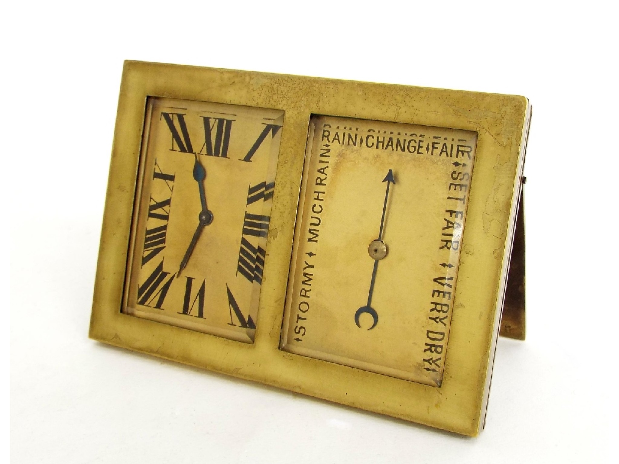 Appraisal: Small brass desk clock barometer the twin rectangular dials within