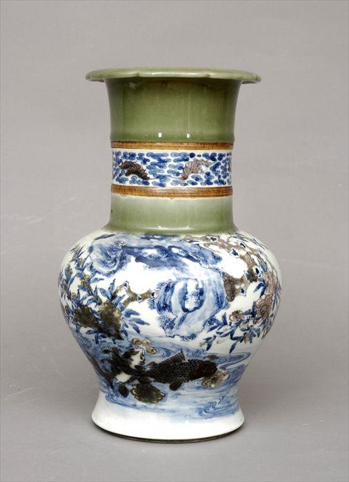 Appraisal: Chinese Blue White Aubergine and Celadon Baluster-Form Porcelain Vase with