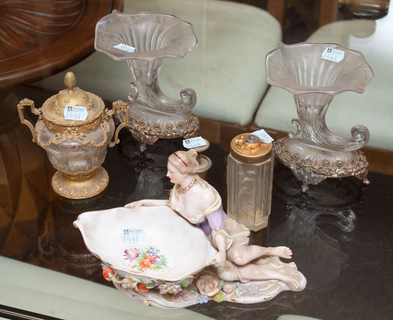 Appraisal: Assortment of decorative items including German porcelain figure Lalique perfume