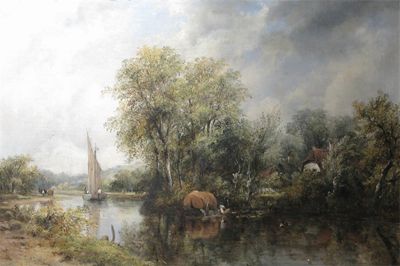 Appraisal: Frederick Waters Watts - River landscape with barges near a