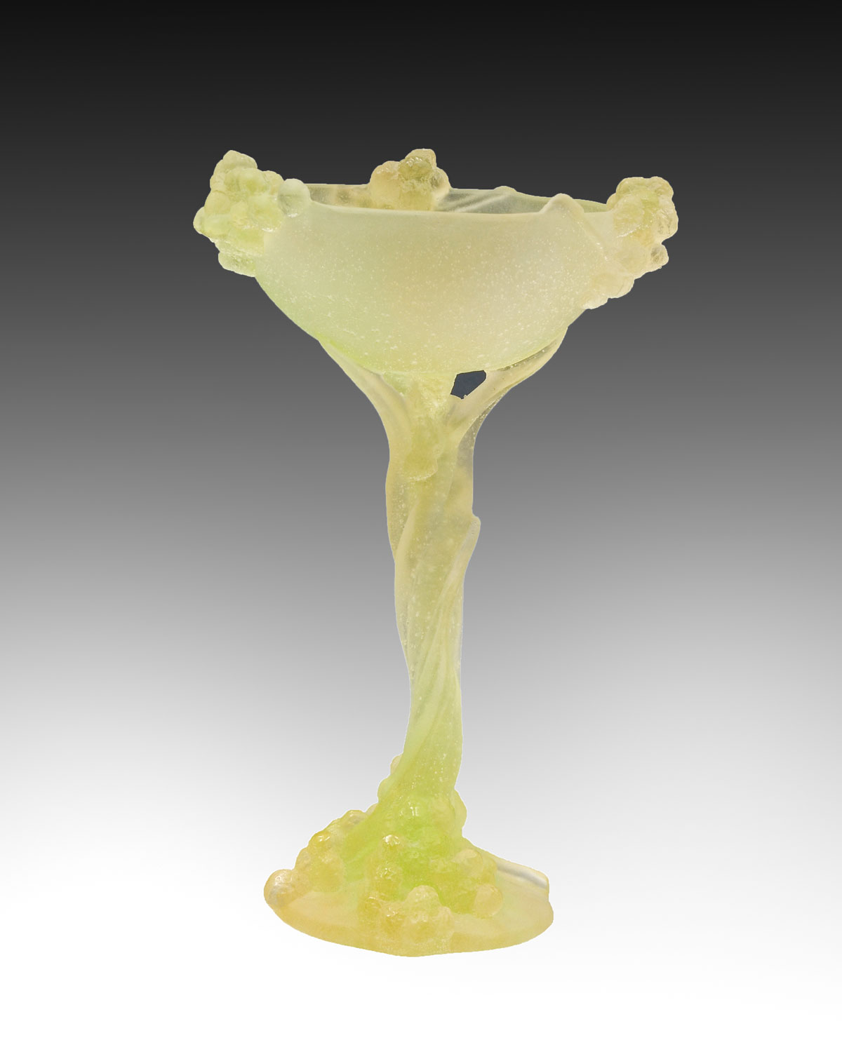 Appraisal: DAUM PATE DE VERRE VASELINE GLASS GRAPEVINE COMPOTE French Vaseline