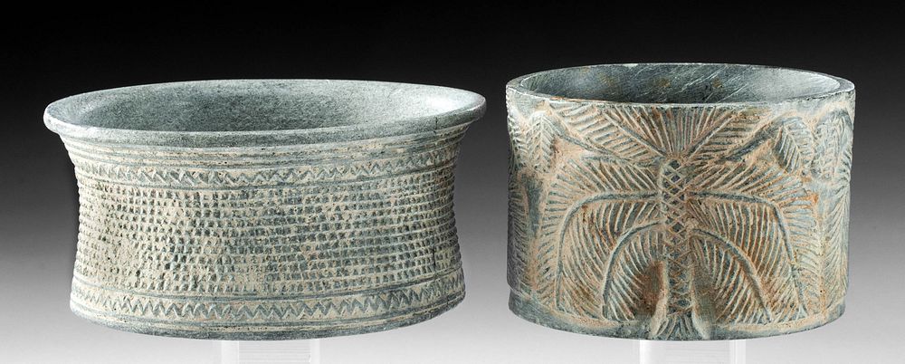 Appraisal: Pair of Bactrian Chlorite Bowls w Incised Designs Central Asia