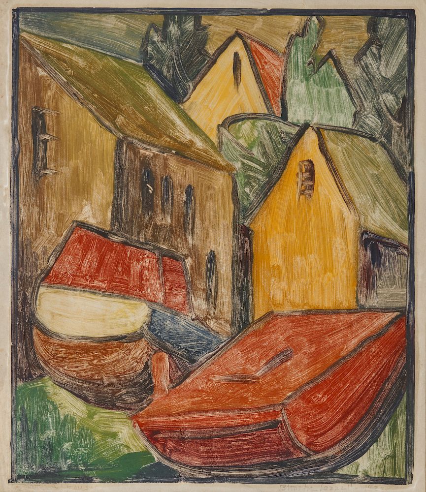 Appraisal: BLANCHE LAZZELL American - Boats and Houses monotype sight x